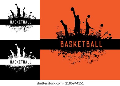 Basketball players poster with grunge silhouettes. Sport team competition, basketball championship or league tournament grunge vector background with players throwing ball, paint or ink splatters