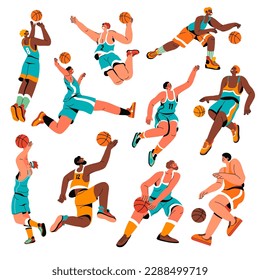 Basketball players professionals with ball. Men wearing uniforms jumping and running, throwing and catching. Activities and hobbies of sportsmen, leisure and pastime of males. Vector in flat style