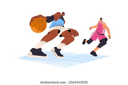 Basketball players run, dribbling ball to basket. Athletes play sports game, training. Sportsmen struggle in international match, competition. Flat isolated vector illustration on white background