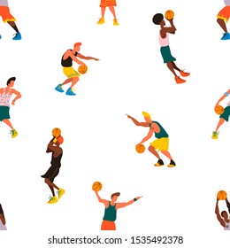 Basketball players seamless vector pattern. Sport endless graphic design.