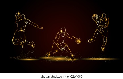 Basketball players set. Golden linear basketball player illustration for sport banner, background and flyer.