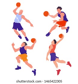 Basketball players set. The basketball team. Peoples in dynamic pose. Cartoon flat vector illustration. Isolated objects.