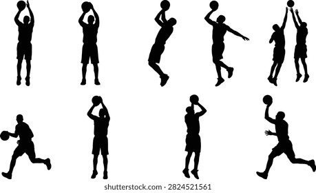 Basketball players shooting and scoring vector silhouettes set featuring jump shots block and layup motions