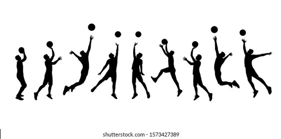 Basketball players silhouettes isolated on a white background. Athletes with a basketball ball jump up to the hoop. Vector stock illustration.