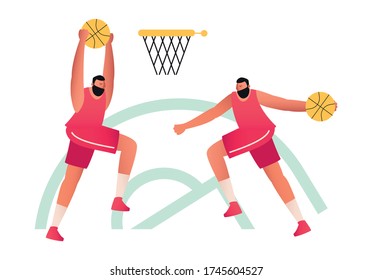 Basketball players throw the ball into the basket with a ring. Basketball. Olympic sports game with ball vector illustration