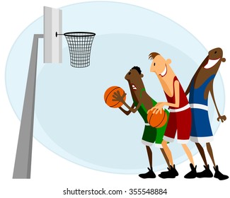 Basketball players throws the ball into the basket