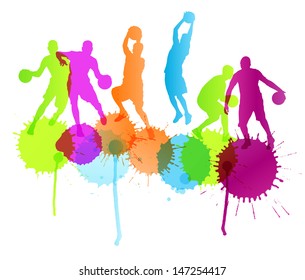 Basketball players vector abstract background with color splashes