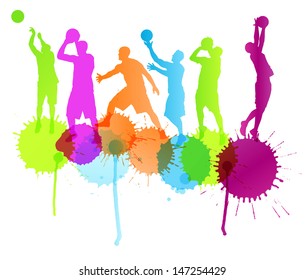 Basketball players vector abstract background with color splashes