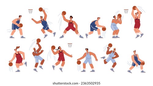 Basketball players. Vector cartoon sport game set with motion lines. Athletes with ball in different poses, handling, jumping, defense and offense. Professional sport male and female in uniform