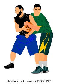 Basketball players vector illustration isolated on white background. Battle for the ball on basketball game.