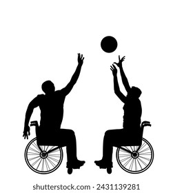 Basketball players in wheelchair vector silhouette isolated. Injured sportsman competition. Recovery injured man sport activity play basket. Man active life. Health care physical treatment.