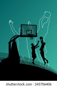 Basketball players young active men sport silhouettes vector background illustration