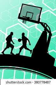 Basketball players young active men healthy sport silhouettes vector background illustration