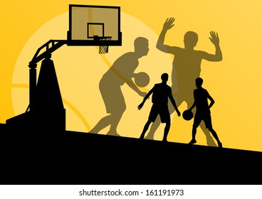 Basketball players young active sport silhouettes vector background illustration