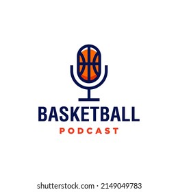 Basketball Podcast With Ball And Microphone Combination Icon Logo Illustration Design. Modern Line Art Outline Spprt Show Logo