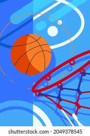 Basketball Poster With Ball And Basket. Sport Placard Design In Flat Style.