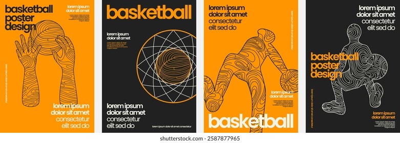 Basketball poster design with dynamic sports silhouettes, modern typography, abstract line illustrations, and an energetic composition for a captivating athletic style.