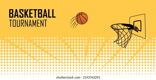 Basketball Poster Design With Halftone Grunge And Basketball Hoop On Yellow Background