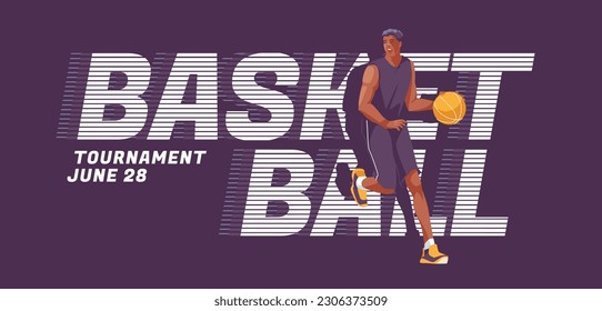 basketball poster design. Inscriptions and an athlete in motion. School, match and sports competitions. Vector flat illustration