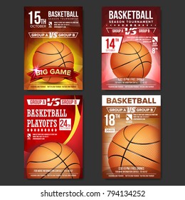 Basketball Poster Set Vector. Design For Sport Bar Promotion. Basketball Ball. Modern Tournament. Sport Event Announcement. Banner Advertising. Template Illustration