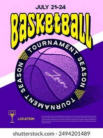 Basketball poster template, background for flyer, poster, banner. Vector image of ball and basketball court in purple colors