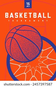 basketball poster, vector illustration, background with an image of a basketball ball on an orange background with a basket. banner, flyer, poster, advertising