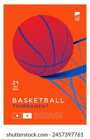 basketball poster, vector illustration, background with the image of a basketball ball on an orange background flying into the basket. banner, flyer, poster, advertising