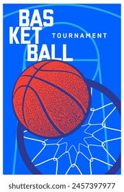 basketball poster, vector illustration, background with the image of a basketball ball on a blue background flying into the basket. banner, flyer, poster, advertising