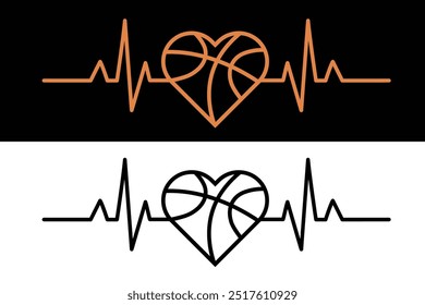 Basketball With Pulse, Heart Beat, Basketball Lover, Vector, Basketball Love Vector, vector, Basketball ball, Racket, silhouette, Sports silhouette