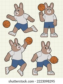 Dibujo de conejo de básquetbol aislado de ilustraciones vectoriales conjunto.