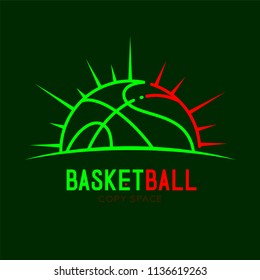 Basketball with radius frame logo icon outline stroke set dash line design illustration isolated on dark green background with basketball text and copy space