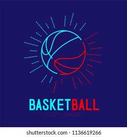 Basketball with radius frame logo icon outline stroke set dash line design illustration isolated on dark blue background with basketball text and copy space