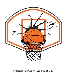 Basketball ring and ball inside. Broken basketball backboard after a successful dunk. Basketball banner, poster template. Vector on transparent background