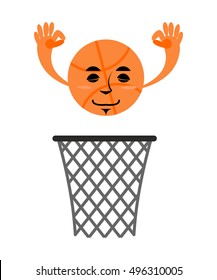 Basketball and ring. Game accessories. Hit in net. Emotions ball
