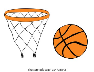 Basketball ring with a network and a basketball orange ball