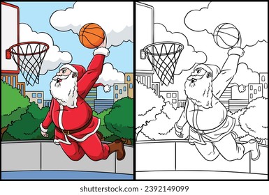 Basketball Santa Slam Dunk Coloring Illustration