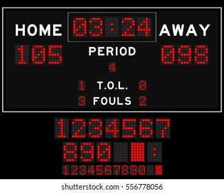 Basketball score board with red square led on black background