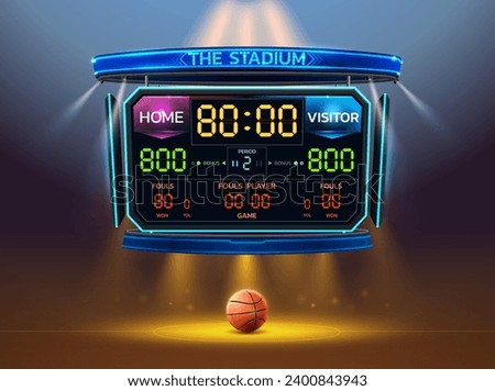 basketball scoreboard stadium spotlight and scoreboard background with glitter light vector illustration. You can change number of score easily.