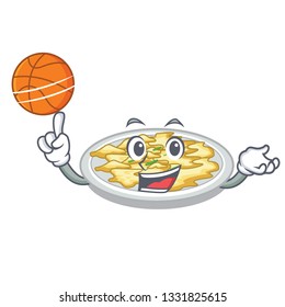 With basketball scrambled egg put above cartoon plate