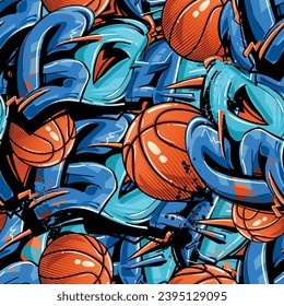 Basketball seamless pattern with ball, street art style graffiti background text. Sport wall repeat print for boy textile, wrapping paper. Basketball ornament