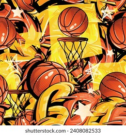 Basketball seamless pattern with ball, street art style graffiti background text. Sport wall repeat print for boy textile, wrapping paper. Basketball ornament. Slogan Best game.