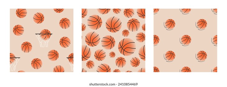 Basketball seamless patterns set with textured balls. Modern illustration for flyers, banners, web and print. Sport, team play concept. Vector flat modern illustration isolated. 