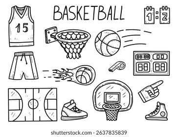 Basketball set. Hand drawn doodle illustration. Team game. Throwing ball into hoop. Competition, match. Court equipment basket, shield, scoreboard. Players uniform. Vector line art collection.