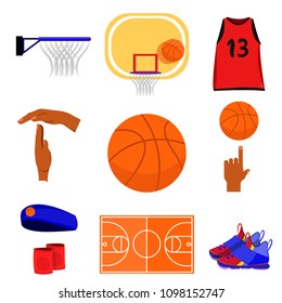 Basketball set. Modern flat cartoons style vector illustration icons. Isolated on white. Basketball equipment for game set. Hoop, time-out, headband, wear, shoes, court, swinging ball. Basketball game