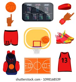 Basketball set. Modern flat cartoons style vector illustration icons. Isolated on white. Basketball equipments. Hoop, scoreboard, backpack, sneakers, hands, wood court. Basketball player. Streetball