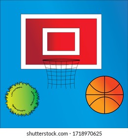 Basketball set, Shield, ring, ball and a cheerleader's pompom in a frame on a blue background