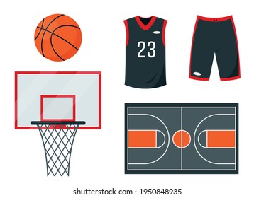 Basketball set. Sport equipment and accessories. Ball, basket, clothing and court for playing basketball. Flat vector icons isolated on white background.