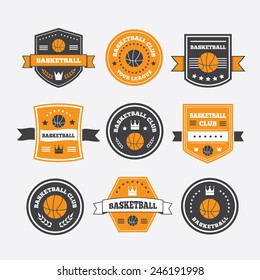 Basketball set vintage emblems, labels and logos or symbols with laurel wreath, basketball ball, crown and stars 