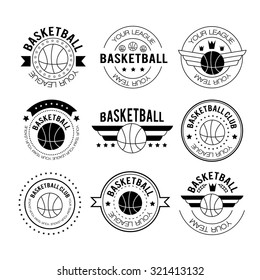 Basketball set vintage emblems, labels and logos or symbols with laurel wreath, basketball ball, crown and stars. Basketball logos in linear style