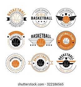 Basketball set vintage emblems, labels and logos or symbols with laurel wreath, basketball ball, crown and stars. Basketball logos in linear style